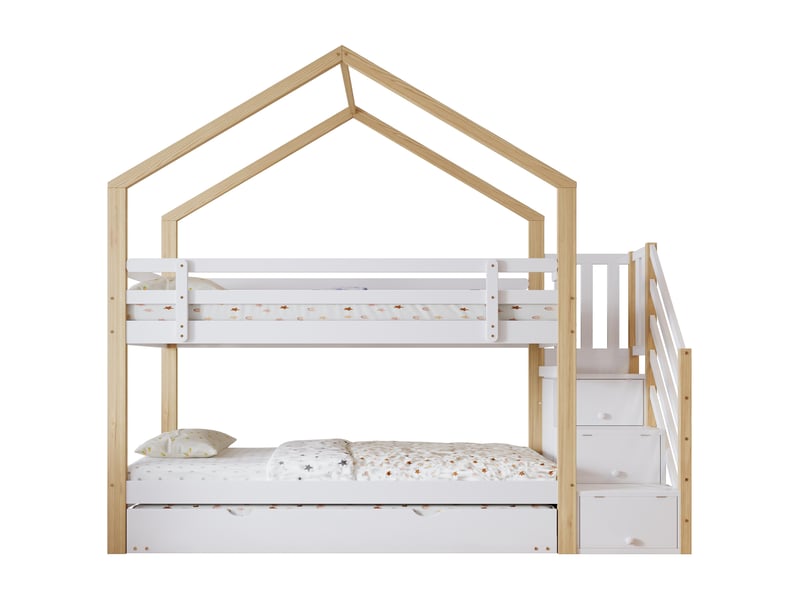  Lit superposé 90x200cm et 90x190cm, lit gigogne extensible avec escalier de rangement 3 tiroirs, bois massif et mdf pour chambre d'enfant, blanc  - Conforama D