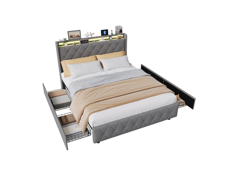  Lit 140x200 cm avec led- tête de lit avec étagère- lit capitonné pu gris- sommier à lattes inclus  - Conforama A