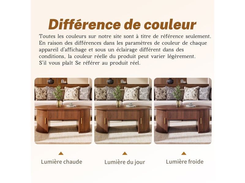 Table basse noyer, rangement, étagères réglables, plan relevable, portes coulissantes, design moderne - mdf - 100x50x40.5cm - salon  - Conforama B