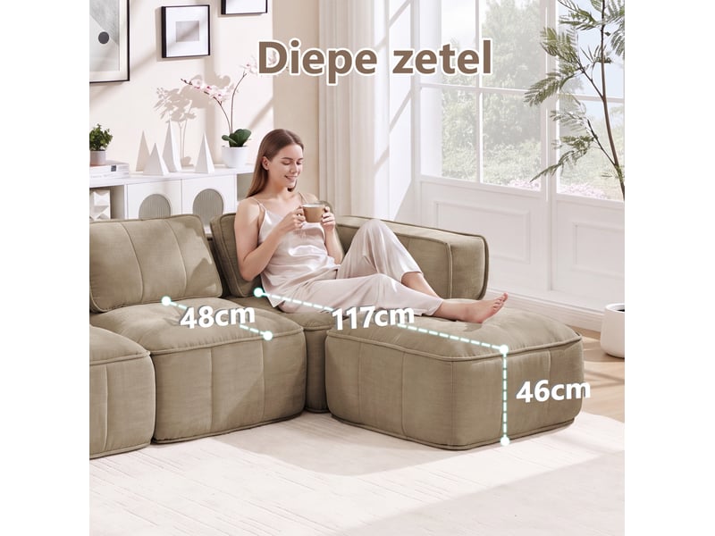  Canapé modulable en u 4 places avec 2 poufs, en polyester beige sable  - Conforama D