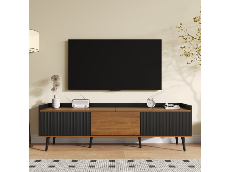  Meuble tv bas 3 portes 160x39x49.5 cm - conception simple - noir et finition bois naturel - meuble tv moderne  - Conforama C