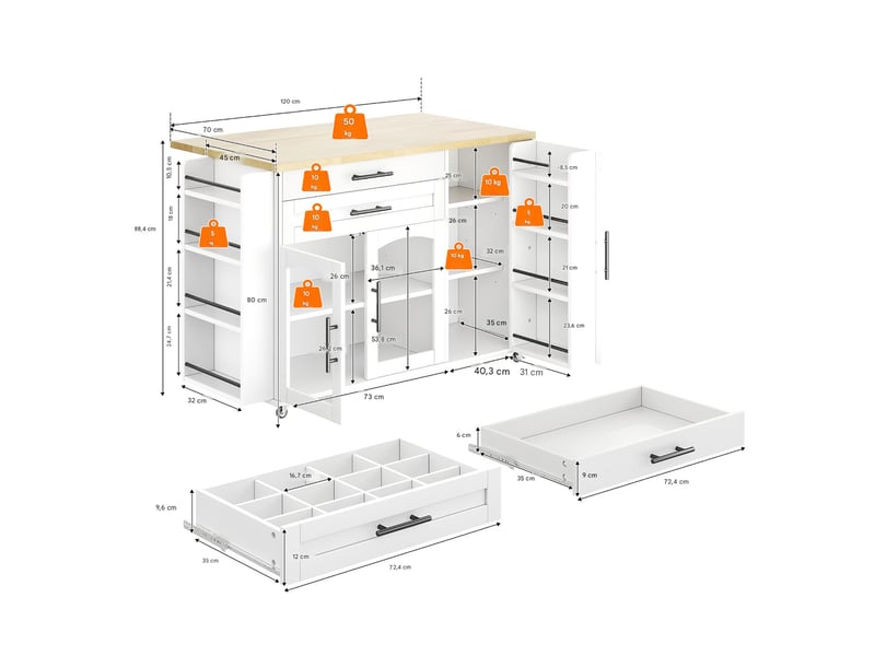  Îlot de cuisine mobile avec plateau rabattable et rangements blanc et naturel N635P4079505152W - Conforama C