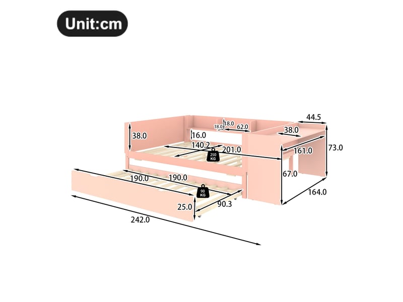  Lit gigogne 140x200 cm avec bureau et étagères, en pin, rose et blanc  - Conforama E