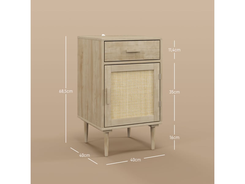  Lot de 2 tables de chevet avec placard et étagère porte rotin tissé 1 tiroir design bohème - naturel 40 x 40 x 68,5 cm  - Conforama C