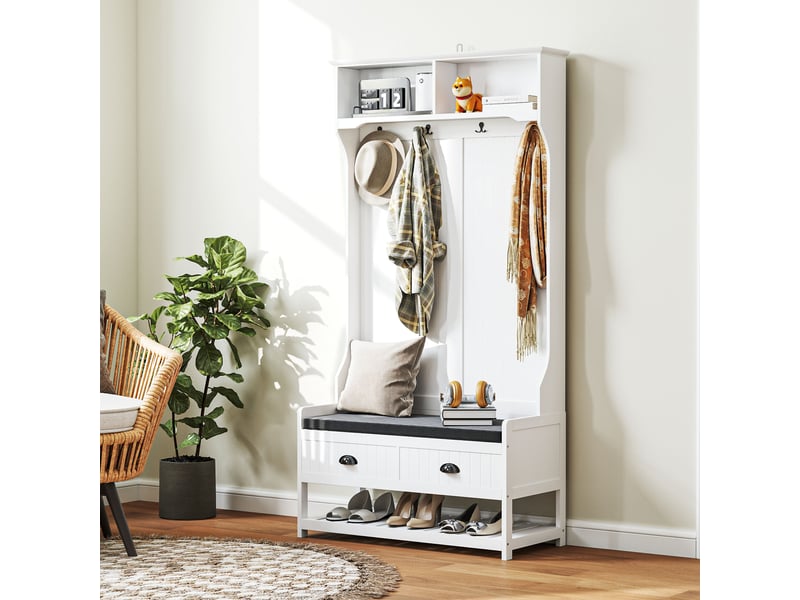 Porte-manteau avec crochets, armoire avec banc à chaussures, pour entrée, couloir, métal, mdf, blanc et gris  - Conforama D