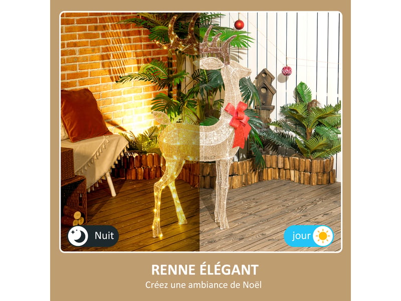  Renne de noël lumineux, décoration renne lumineux noël en acier, avec 137 led blanc chaud, 66 x 25 x 135 cm, or  - Conforama D