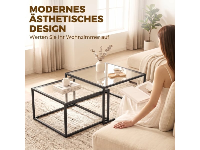  Tables basses gigognes avec 2 plateaux en verre trempé et pieds réglables, structure métal noir pour salon  - Conforama E