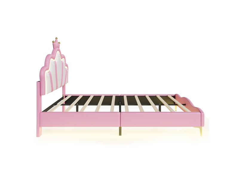  Lit princesse 140x190cm lit jeune avec tête de lit couronnée, éclairage led et sommier à lattes, rangement sous lit pour chambre de fille,sans matelas, pu,rose  - Conforama E