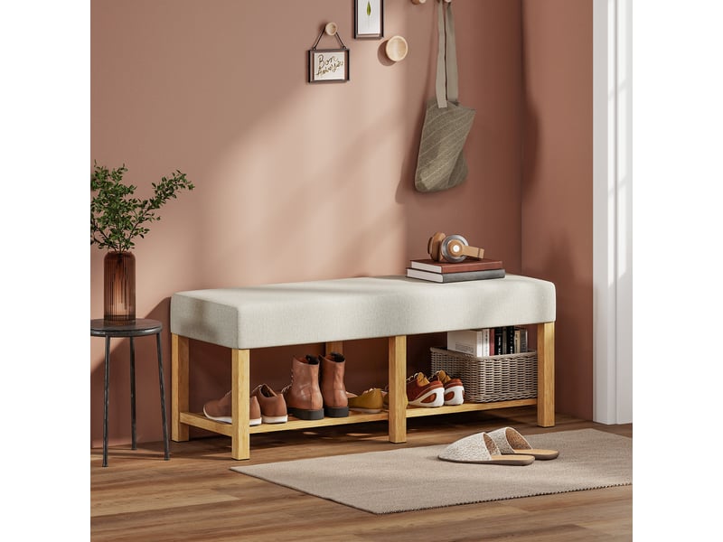  Banc à chaussures, banc de rangement avec siège rembourré, étagère ouverte, bois d'hévéa, bois naturel, 120x44x48cm  - Conforama D