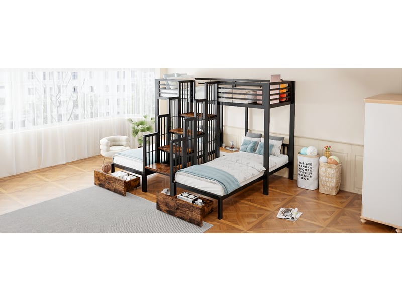  Lit superposé enfant 3 places 90×200 cm, escalier, 2 tiroirs et barrières - okmyhome- métal noir, sans matelas  - Conforama E