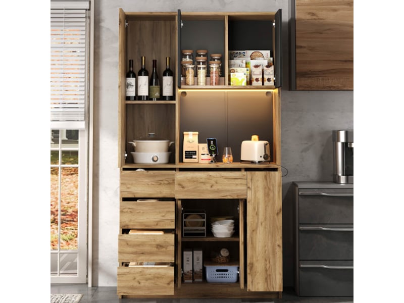 Meuble haut de cuisine colonne épices coulissante led, télécommande, prise intégrée, étagères réglables 185×105×40 cm - Conforama D