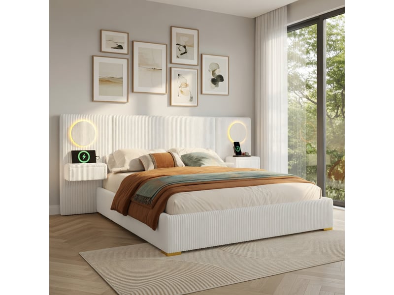  Lit pour adulte de 180 x 200 cm, avec tête de lit à led, port usb et table de chevet, en velours, beige  - Conforama B