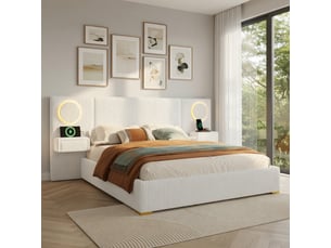 Lit pour adulte de 180 x 200 cm, avec tête de lit à led, port usb et table de chevet, en velours, beige