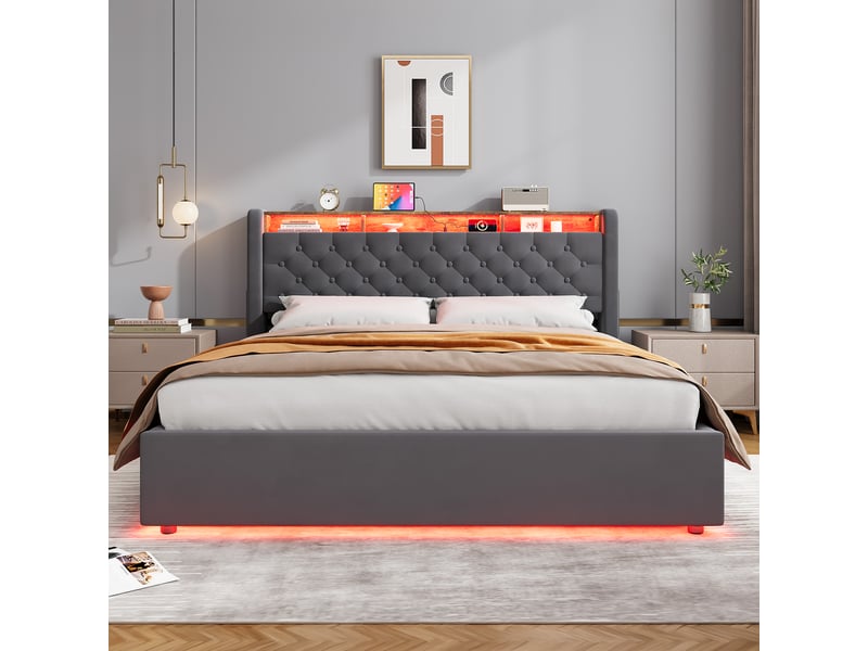  Lit coffre rembourré 160x200 avec tête de lit rangement et coffre de lit cravdom  - Conforama C