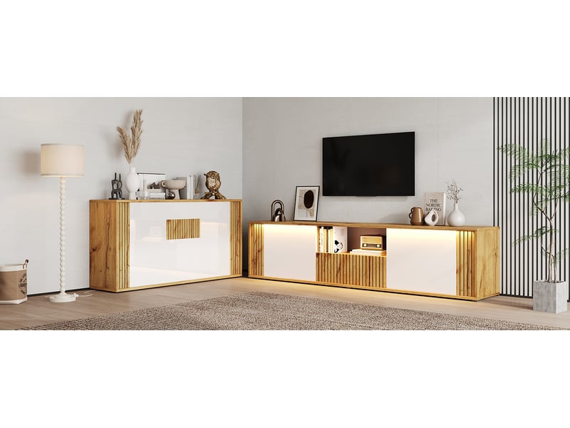 Ensemble meubles de salon 2 pièces, meuble tv 180 cm avec led bluetooth & buffet 140 cm, blanc brillant et bois, tv 75 pouces - Conforama E