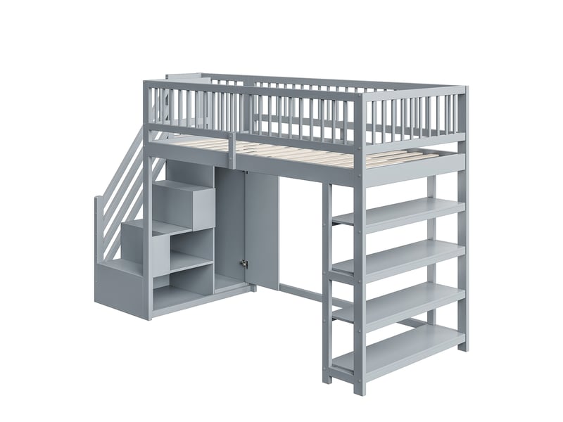  Lit mezzanine enfant 90x200 cm – gris – armoire, rangements, étagères et échelle sécurisée, sans matelas  - Conforama D