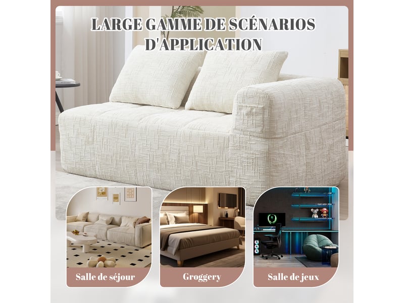  Canapé droit 2 places en chenille beige 158x90x60 cm, coussins inclus, poches latérales, sans assemblage 158x90x60cm - Conforama W