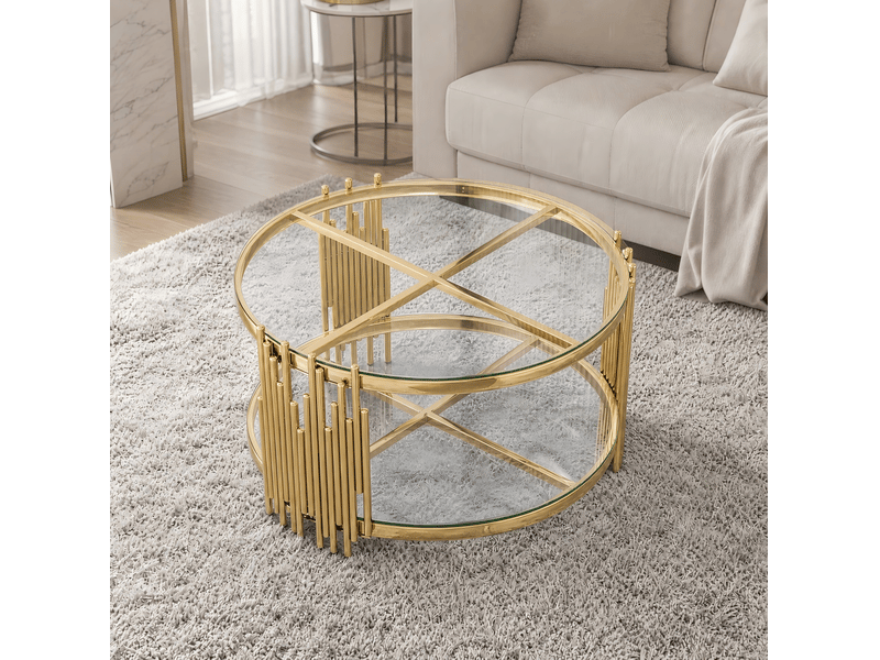  Table basse ronde 80x80x45 cm, design moderne, double niveau en métal doré et transparent, pratique, pour salon  - Conforama D