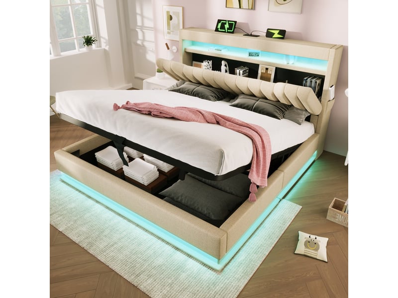 Lit coffre 140x190 cm, rangement hydraulique, tête de lit avec rangement, éclairage led, usb et usb-c pour chambre - beige - Conforama D