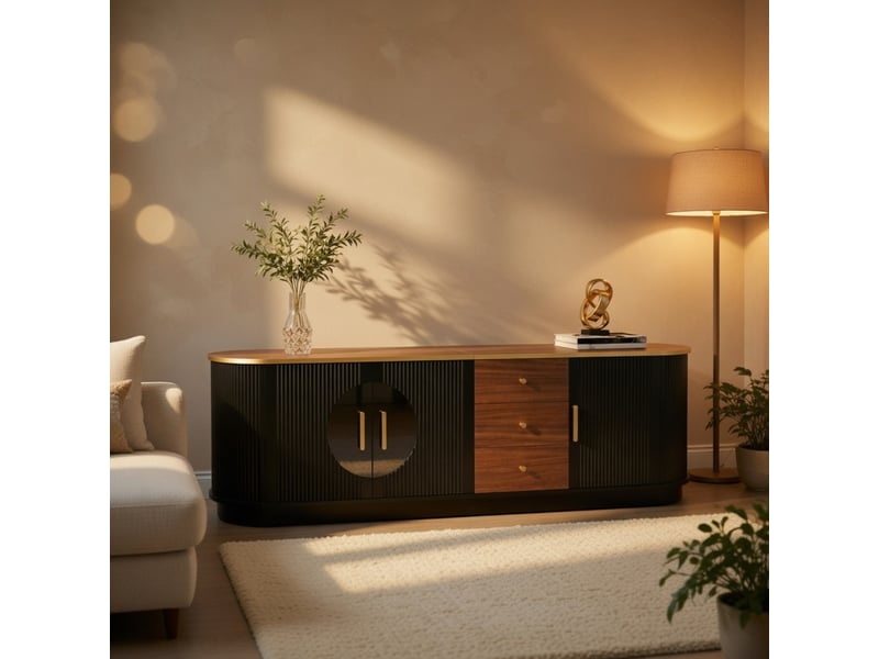  Meuble tv de luxe en verre brun et mdf avec poignées aluminium bords arrondis et rainures verticales  - Conforama B