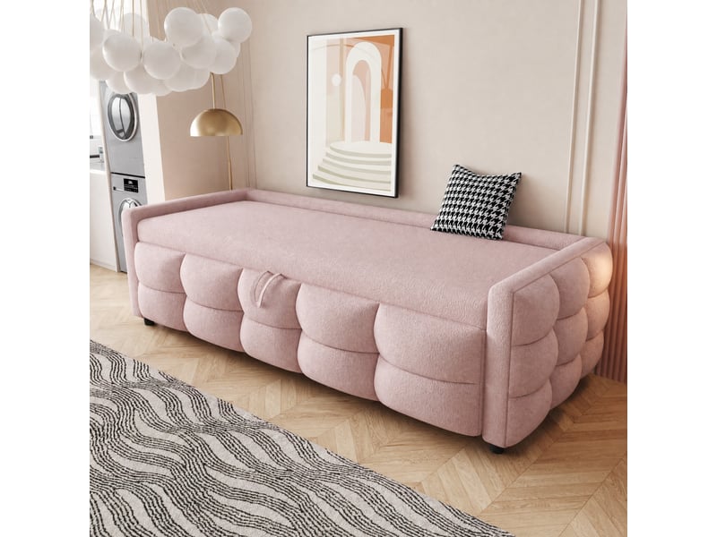  Lit banquette extensible 1 ou 2 places en tissu teddy rose, couchage 90x190 et 180x190 cm, sans matelas  - Conforama B
