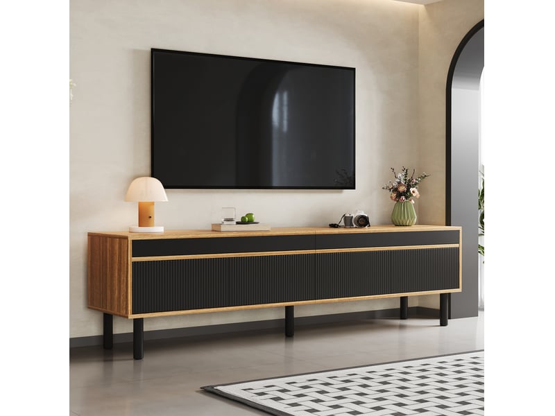  Meuble télévision bas 170x38x47 cm, 4 portes, grand rangement, pieds bois, panneau particules, noir et naturel  - Conforama W