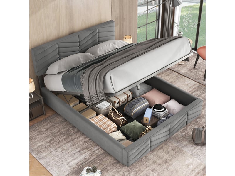  Lit coffre adulte 140x200 cm, lit double, rangement, tête de lit réglable, sommier, velours gris, sans matelas  - Conforama W