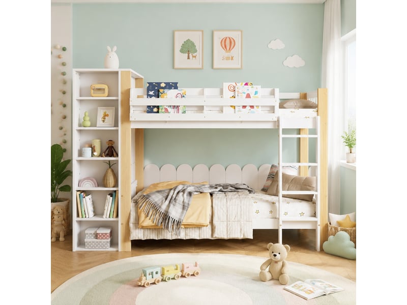 Lit superposé enfant 90x200 cm avec armoire latérale et 6 étagères, blanc et naturel - Conforama B