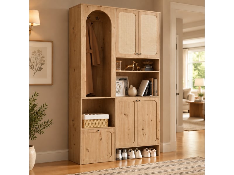  Ensemble vestiaire ulevr avec rangement et meuble à chaussures, 120 x 35 x 200 cm, 4 portes, compartiment basculant, décor rotin, naturel  - Conforama B