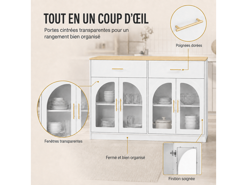  Buffet de cuisine avec 2 tiroirs, 2 portes vitrées, étagères réglables et éclairage led en mdf 135×55×91 cm blanc  - Conforama E