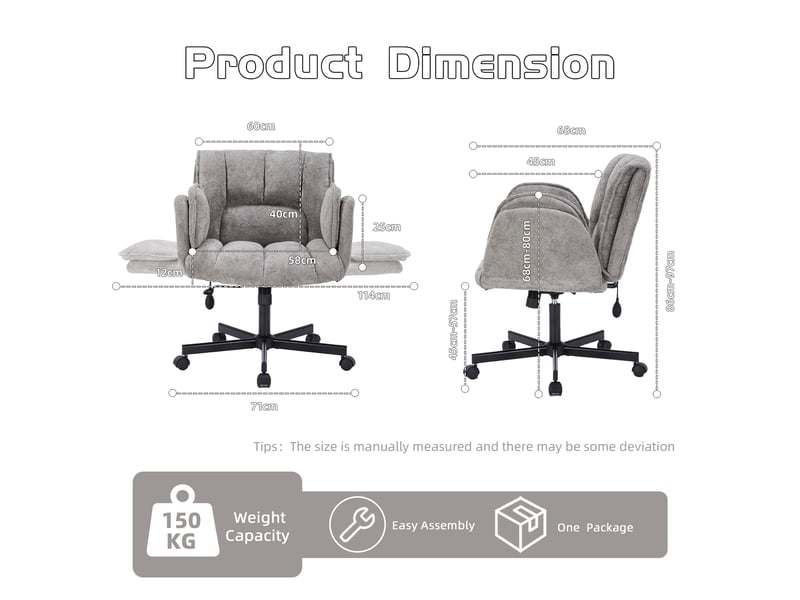 Chaise de bureau pivotante avec accoudoirs rabattables et soutien lombaire réglable, en tissu gris - Conforama D