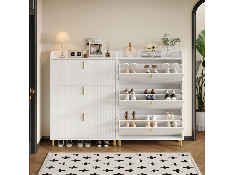 Ensemble de 2 meubles à chaussures blancs, 3 abattants, 6 compartiments, réglable, anti-basculement, 80×23,5×123,5 cm  - Conforama B