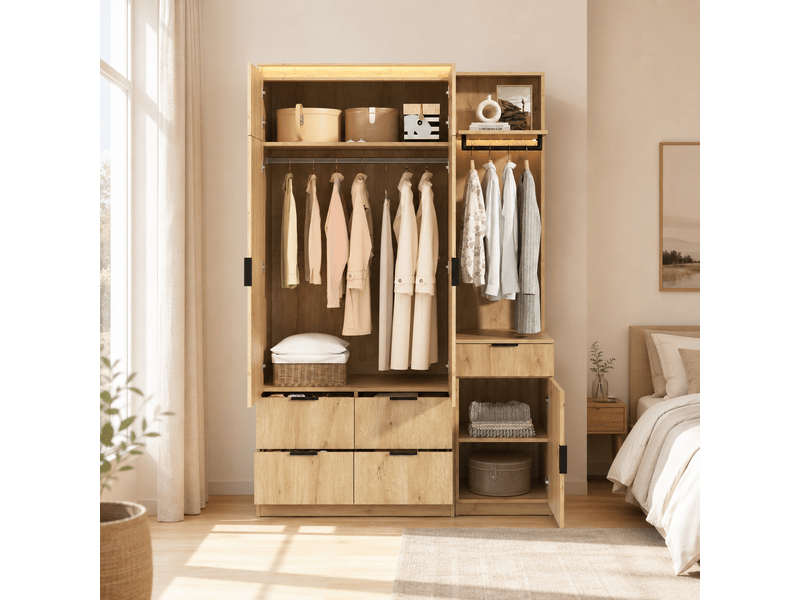 Vestiaire d'entrée avec miroir et éclairage led - armoire penderie 135x47x200 cm - 5 tiroirs chêne - Conforama W