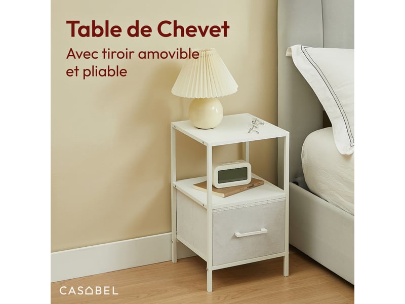  Casabel table de chevet blanche avec tiroir en tissu rigide, métal et bois, table d’appoint pour chambre ou canapé  - Conforama C