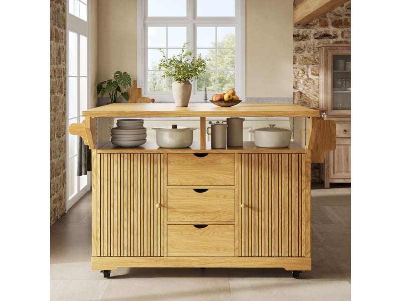  Desserte de cuisine avec rallonges pliables, chariot de cuisine avec tiroirs, table de cuisine mobile, couleur marron naturel.  - Conforama E
