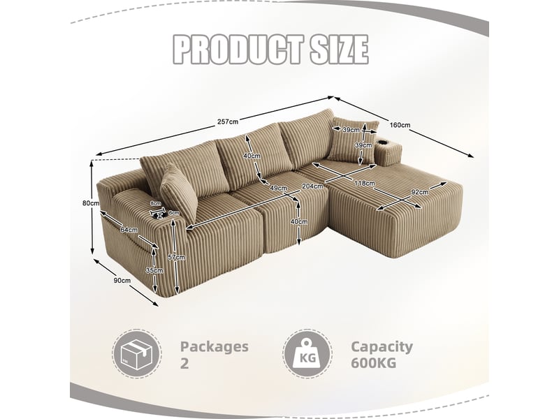  Canapé modulable en velours côtelé kaki 257x160x62 cm, chaise longue, 2 places, 5 coussins, poches et porte-gobelets 257x160x62cm - Conforama C
