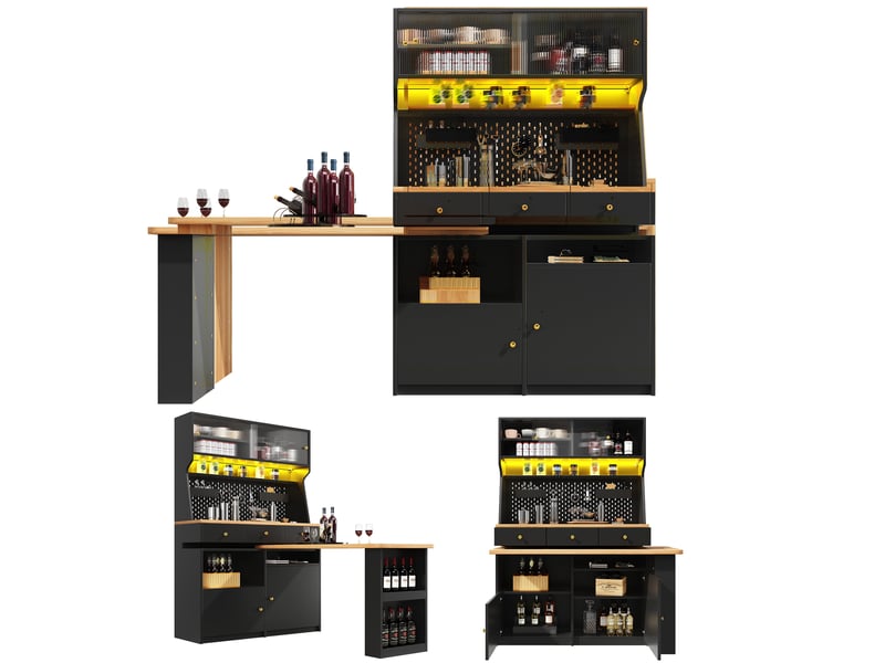  Armoire haute 137 x 74 x 177,7 cm avec bureau et bar intégrés, led pilotée par application et portes vitrées, noir  - Conforama A