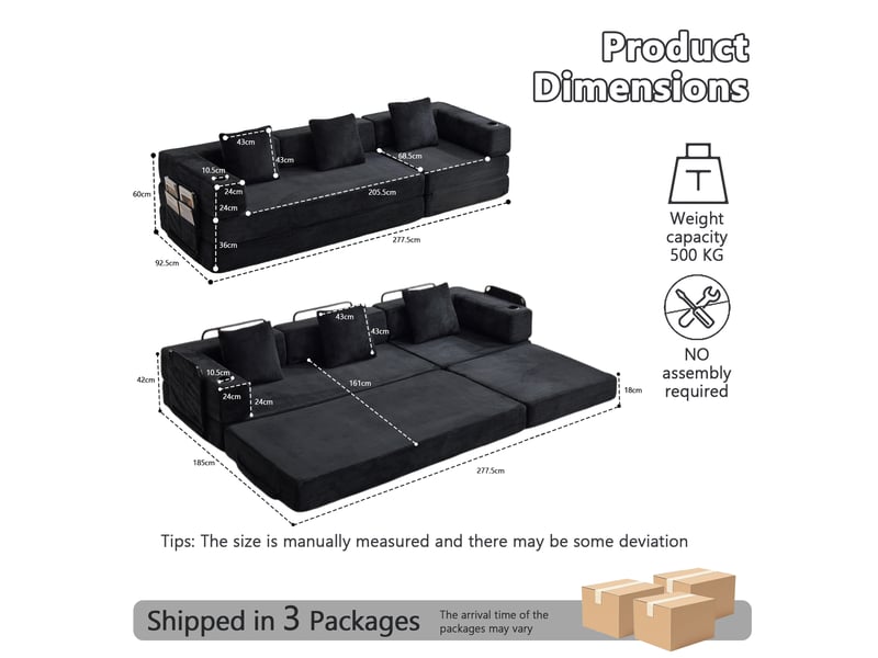 Sofa-lit de sol convertible noir - canapé-lit avec support dorsal en oreiller, accoudoirs et porte-gobelet - Conforama E