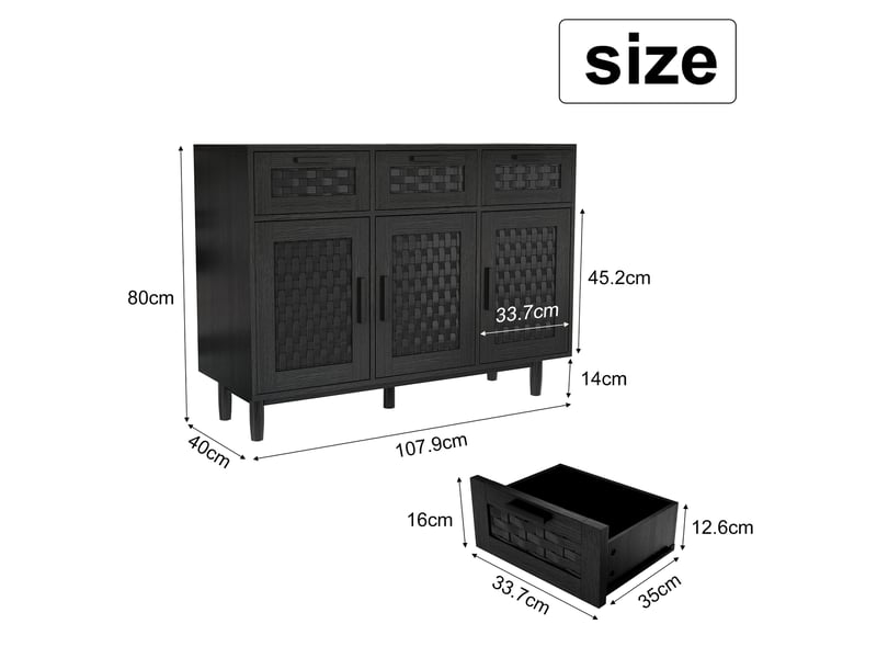  Commode 3 tiroirs et 3 porte, meuble de rangement avec conception anti-basculement et cadre en bois, commode en rotin buffet, 115x40x80 cm, noir  - Conforama D
