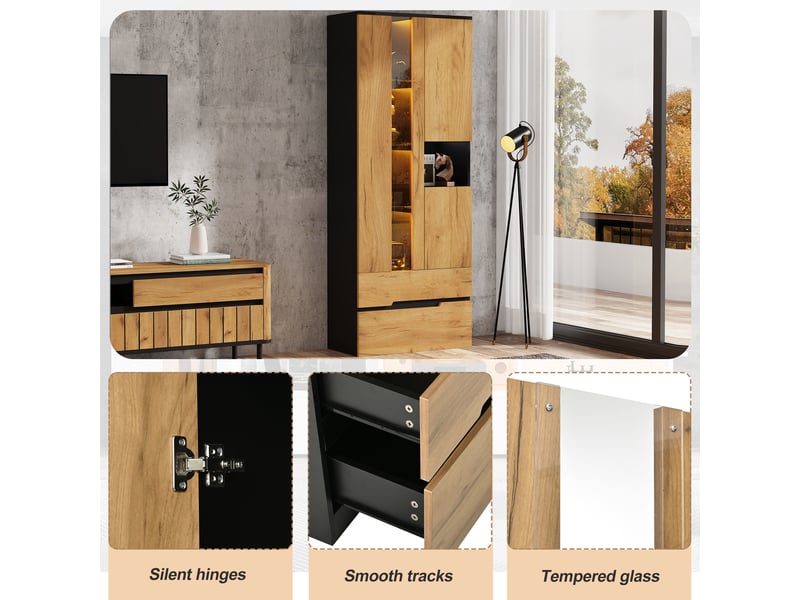 Vitrine de rangement 70x35x180 cm avec portes en verre, éclairage led avec application, 3 portes et 2 tiroirs, meuble salon moderne - mdf-naturel - Conforama E