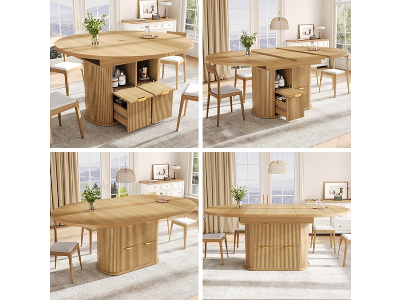  Table à manger ovale extensible 118-158x118 cm pour 4 à 6 personnes, 2 portes rabattables, 2 tiroirs de rangement, façade rainurée, effet chêne clair  - Conforama A
