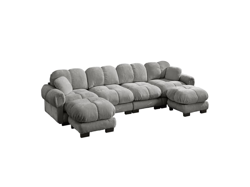Canapé modulable 4 places 330 cm canapé droit en tissu chenille avec 2 pouf mobile, design matelassé, coussins épais, dossier ergonomique, gris clair Seren Glow - Conforama A