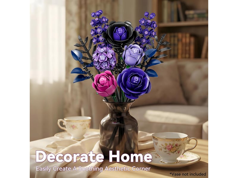 757 pièces bouquet de roses violettes en blocs de construction, fleurs à monter, décoration maison et bureau, cadeau - Conforama C