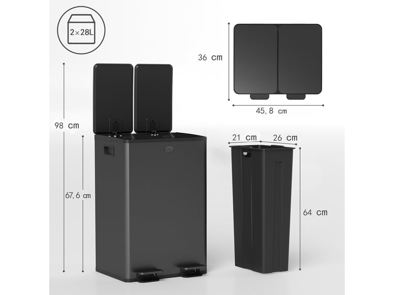  Poubelle de tri sélectif 2 x 28 l à pédale acier noir 45,8 x 36 x 67,6 cm  - Conforama C