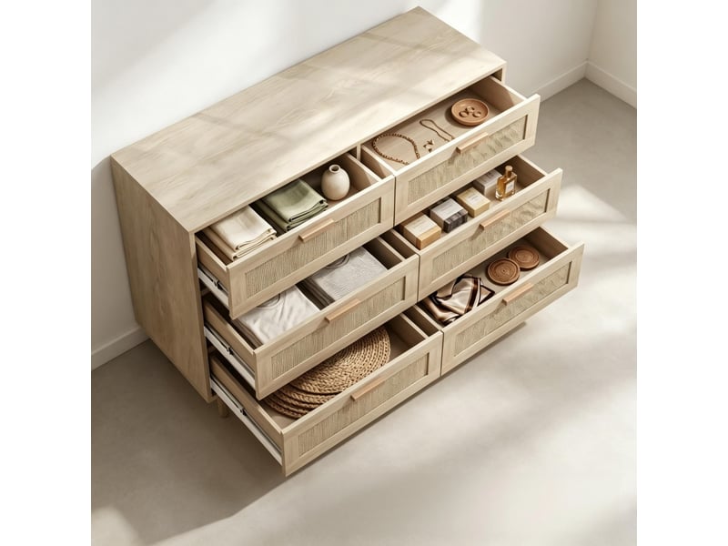  Commode à 6 tiroirs, 110 x 40 x 75 cm, façades en cannage de rotin et pieds surélevés, blanc et effet chêne  - Conforama E
