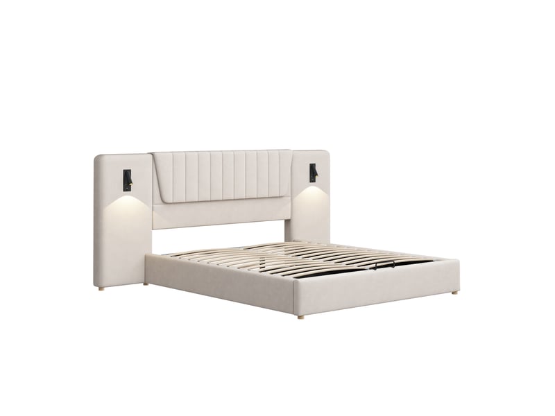  Lit coffre 180x200 cm velours beige – tête de lit haute, lampe orientable, port usb intégré, sans matelas  - Conforama A