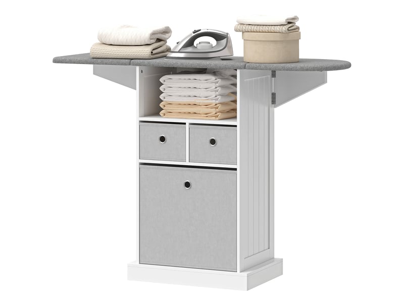  Meuble de rangement pour table à repasser à roulettes, table à repasser pliable, 3 tiroirs en tissu, 121 x 37 x 89,5 cm, blanc  - Conforama A