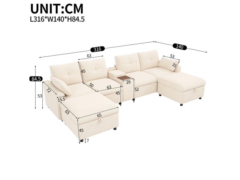  Canapé d'angle modulaire 316x140 cm avec 2 poufs de rangement, console centrale, chenille, bois, beige  - Conforama E