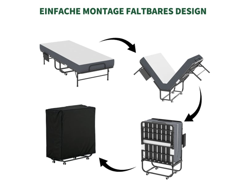  Lit pliant 190×78 cm — matelas mémoire de forme 9,5 cm, cadre métallique, lit d'appoint portable avec sac de rangement  - Conforama E