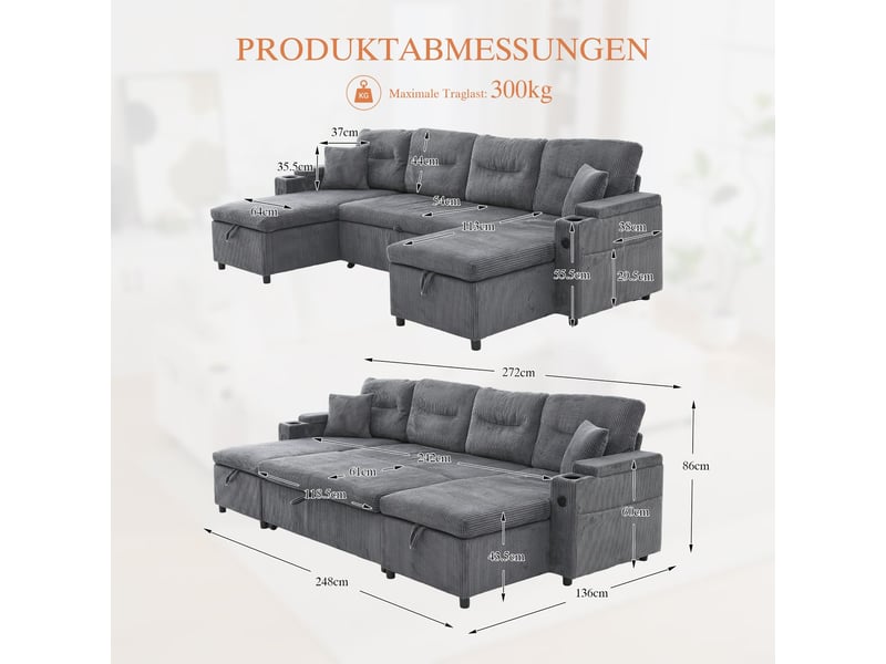  Canapé 4 places, méridiennes doubles canapé d'angle, revêtement velours, lit convertible, rangement intégré, ports usb, porte-gobelets  - Conforama C